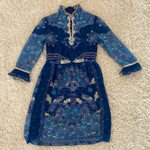 Anna Sui Blue Peacock Patterned Long-Sleeve Dress with Lace Trim